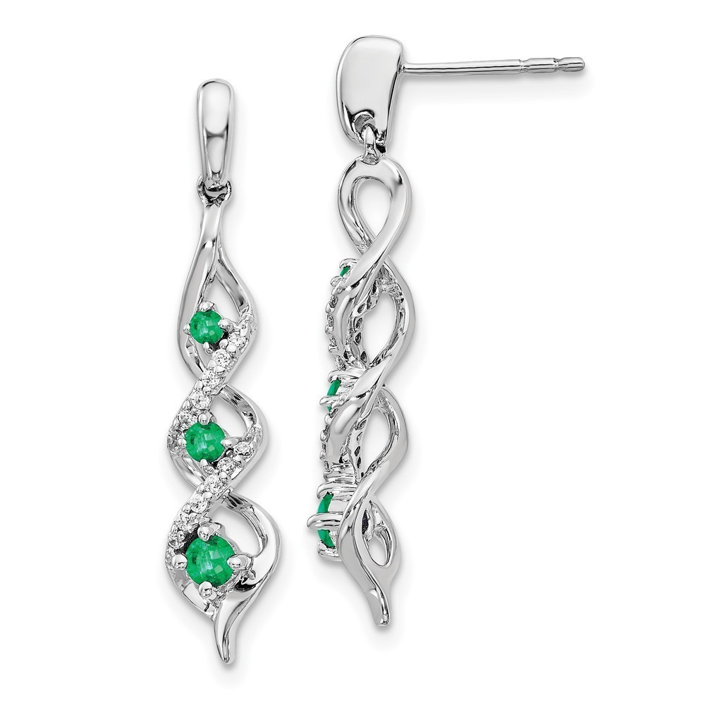 Million Charms 14k White Gold Diamond and Green Emerald Post Dangle Earrings